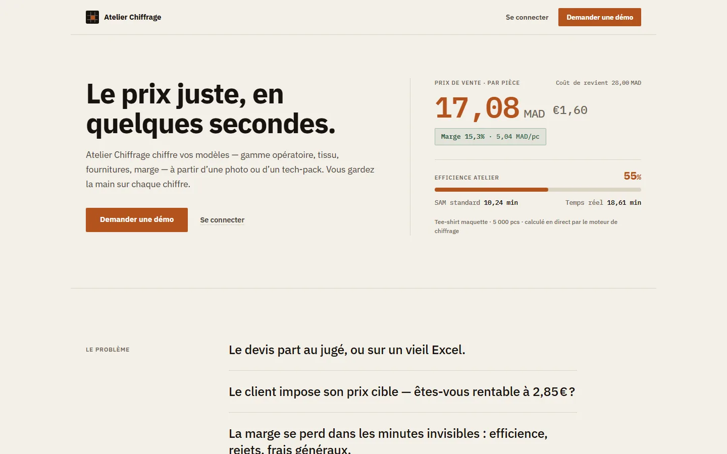 Atelier Chiffrage — chiffrage de modèles et prix de vente pour les façonniers marocains